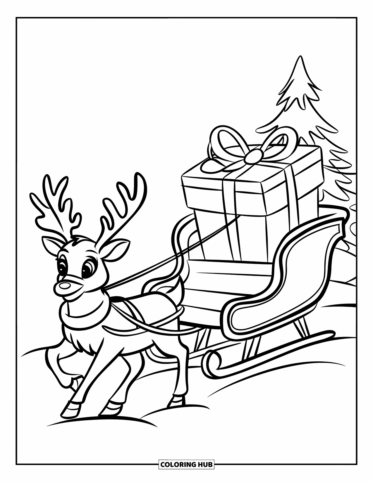 Preppy Christmas Coloring Page for Kids: Holiday sleigh glides through snow with a reindeer and gift inside