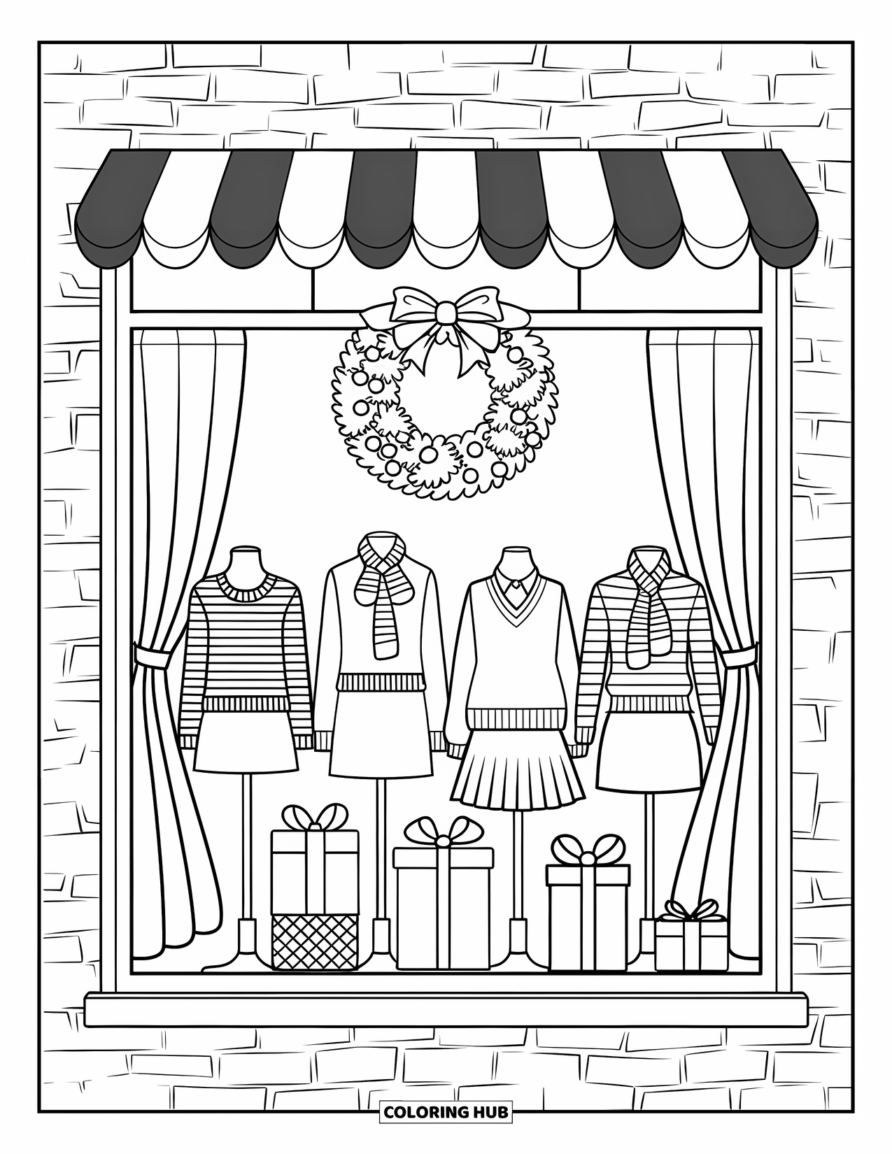 Preppy Christmas Coloring Page for Kids: Mannequins in cozy outfits pose in a boutique window filled with holiday cheer