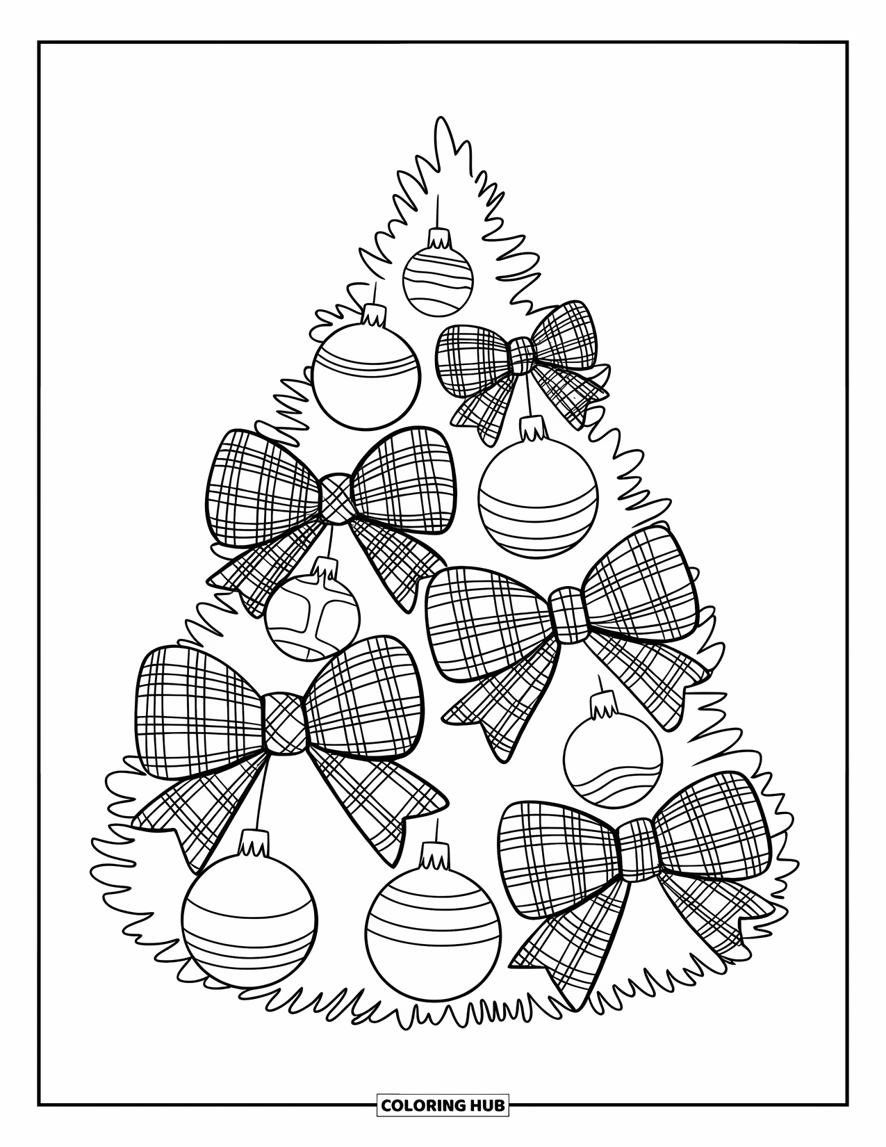 Preppy Christmas Coloring Page for Kids: Plaid bows decorate a narrow tree with oversized ornaments