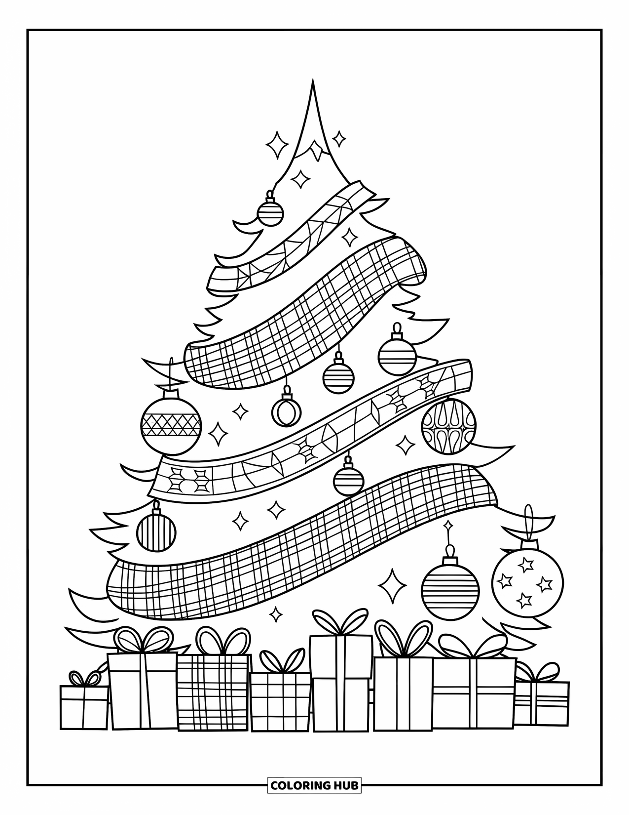 Preppy Christmas Coloring Page for Kids: Plaid ribbons spiral a tree packed with playful ornaments and festive touches