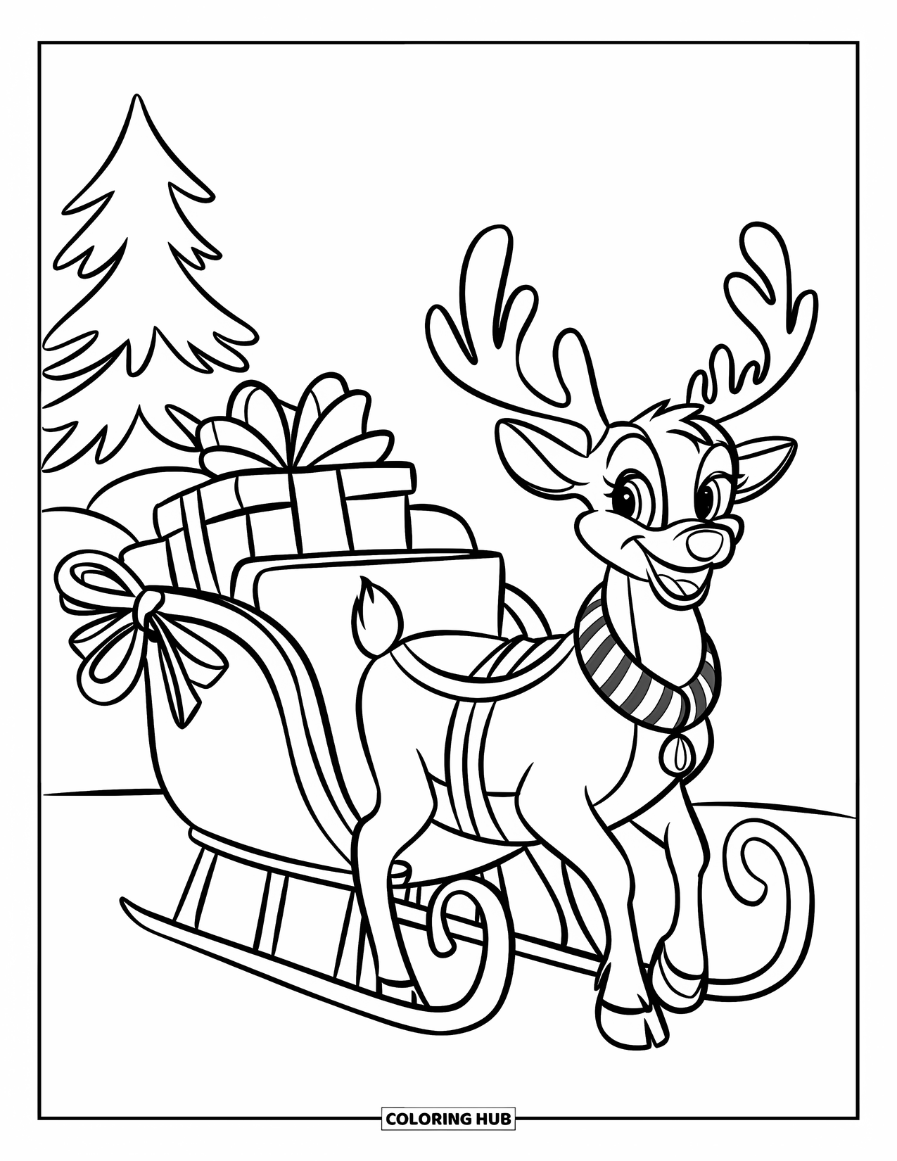 Preppy Christmas Coloring Page for Kids: Reindeer pulls a sleigh with gifts through a winter wonderland
