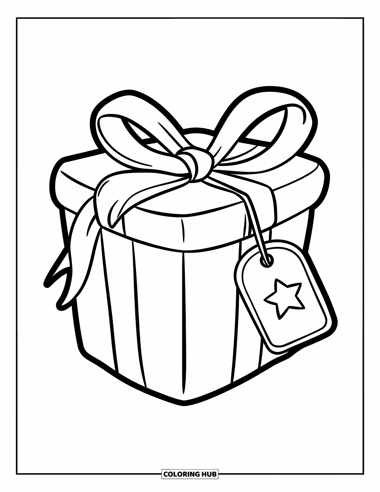 Preppy Christmas Coloring Page for Kids: Ribbon and star tag decorate a festive box for the holidays