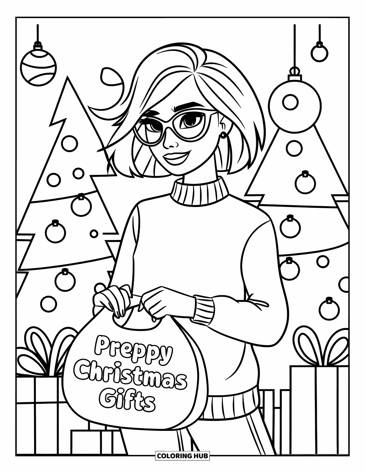 Preppy Christmas Coloring Page for Kids: Smiling girl holds gifts while standing near trees and ornaments