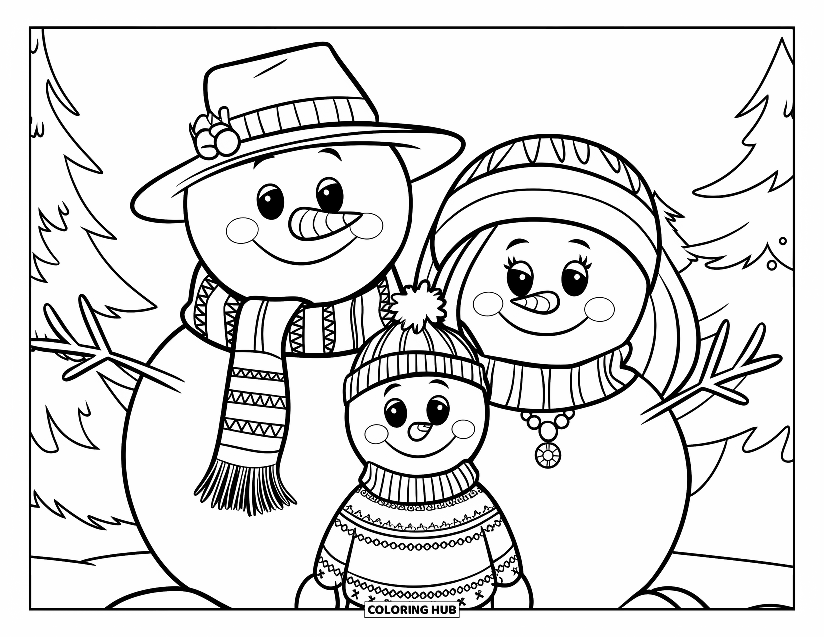 Preppy Christmas Coloring Page for Kids: Snowman family stands in festive outfits on a snowy day with pine trees