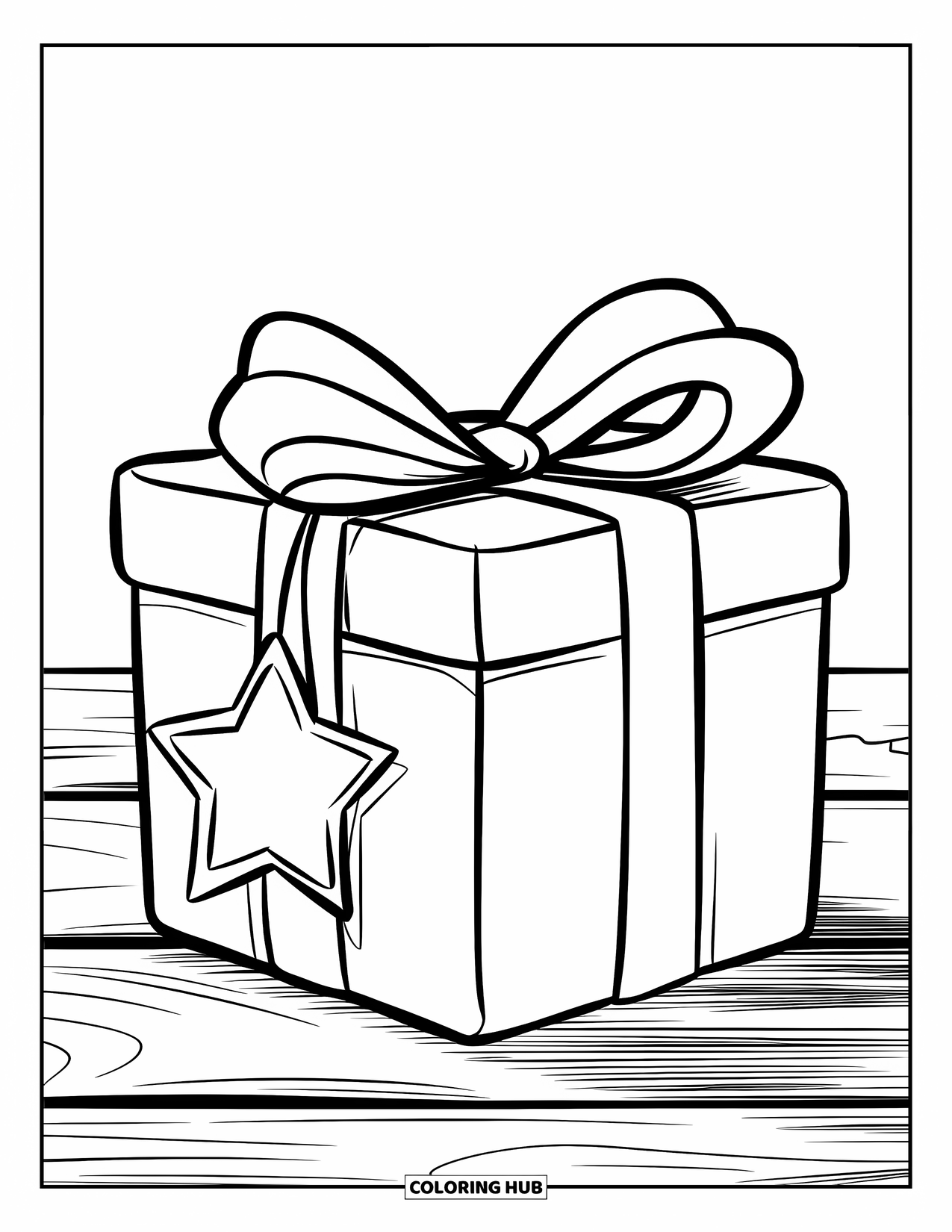 Preppy Christmas Coloring Page for Kids: Star-tagged present rests on a wooden floor with ribbon shining bright