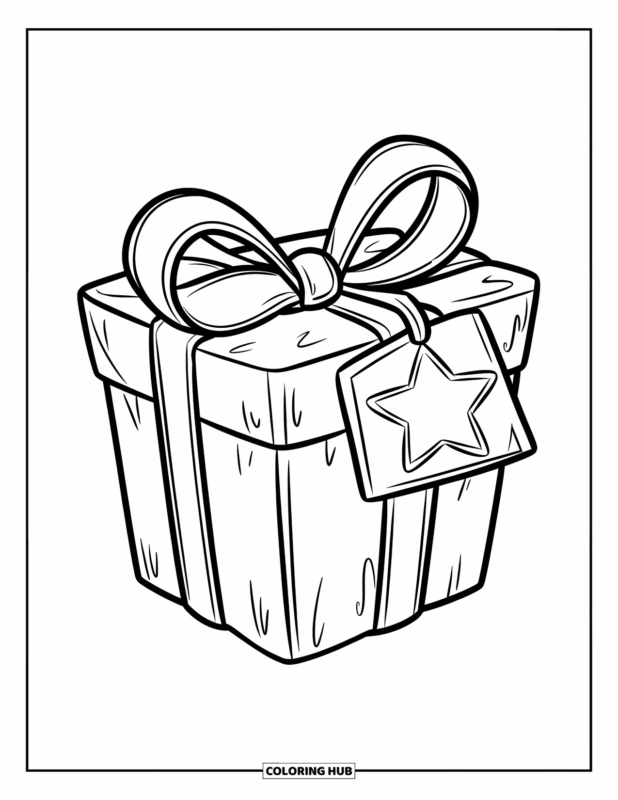 Preppy Christmas Coloring Page for Kids: Wrapped gift with wide ribbon and star tag sits ready to be opened