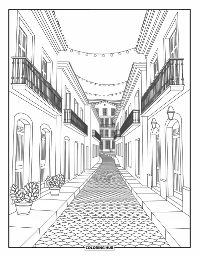 Coloriage de Porto Rico pour adultes : Une charmante rue portoricaine bordée de balcons et de guirlandes lumineuses