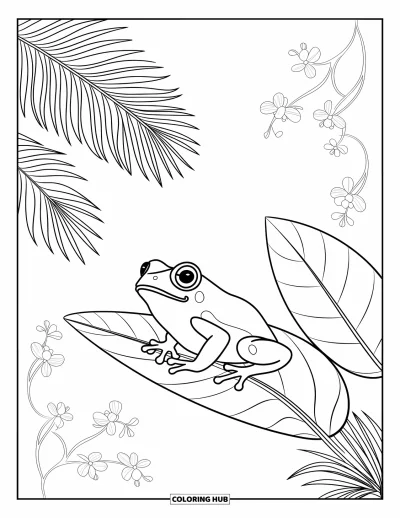 Coloriage de Porto Rico pour adultes : Un coqui enjoué parmi des feuilles de palmier et des lianes suspendues