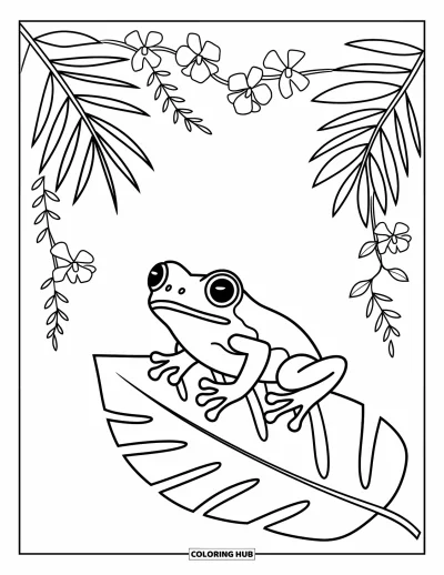 Coloriage de Porto Rico pour adultes : Un adorable coqui posé sur une feuille entouré de plantes tropicales luxuriantes