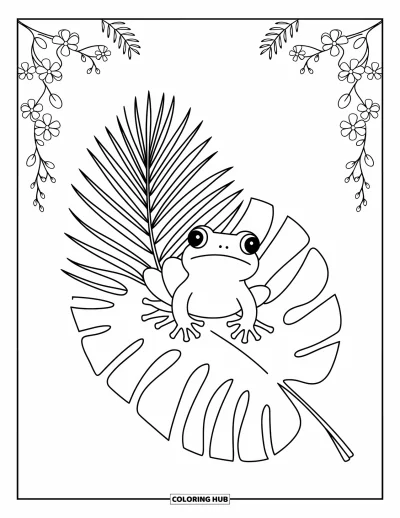 Coloriage de Porto Rico pour adultes : Un joyeux coqui entouré de fougères, d'orchidées et de douces gouttes de pluie