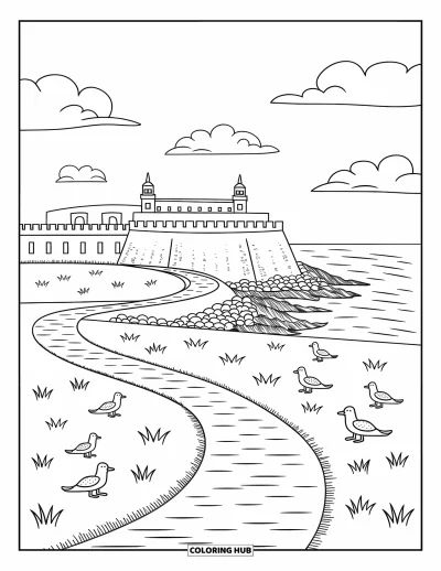 Coloriage de Porto Rico pour adultes : Une forteresse baignée de soleil avec de petits iguanes et un sentier sinueux à explorer