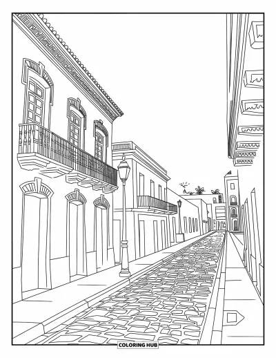 Coloriage de Porto Rico pour adultes : Les charmantes rues pavées du Vieux San Juan bordées de bâtiments ornés