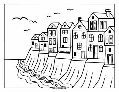 Coloriage de Porto Rico pour adultes : Les maisons colorées de La Perla accrochées à la falaise surplombent les vagues tranquilles de Porto Rico