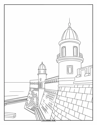 Coloriage de Porto Rico pour adultes : La forteresse El Morro se dresse fièrement au bord de l'océan avec ses murs de pierre historiques