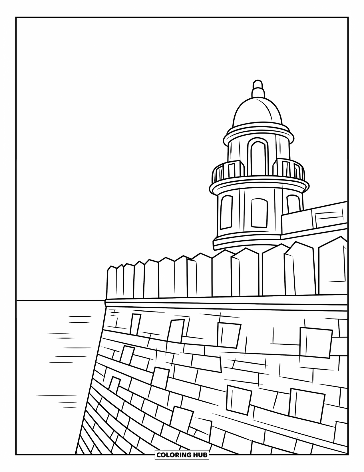 Puerto Rico Coloring Page for Adults: El Morro rises over the ocean, its towers framed by peaceful skies