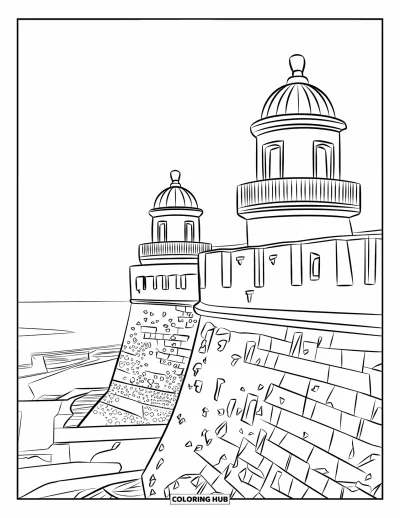 Coloriage de Porto Rico pour adultes : Les tours d'El Morro et l'océan en toile de fond capturent le charme intemporel de Porto Rico