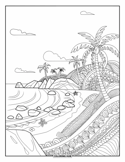 Coloriage de Porto Rico pour adultes : Le littoral de la plage Flamenco bordé de palmiers offre une vue tropicale apaisante aux motifs variés