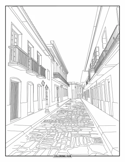 Coloriage de Porto Rico pour adultes : Les pavés du Vieux San Juan brillent sous les balcons et les anciens réverbères