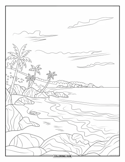 Coloriage de Porto Rico pour adultes : Des palmiers et des vagues douces longent les rivages sereins de la plage Flamenco