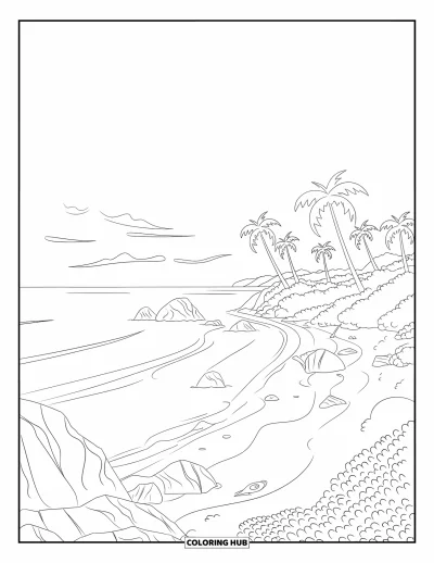 Coloriage de Porto Rico pour adultes : Des palmiers et de douces vagues apportent une beauté sereine à la plage Flamenco