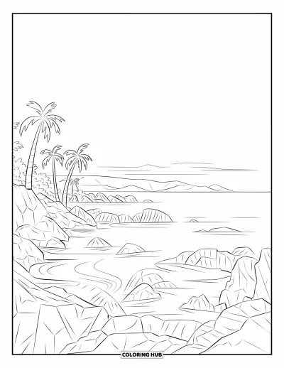Coloriage de Porto Rico pour adultes : Des rochers, des palmiers et des vagues paisibles s'étendent sur la belle plage Flamenco