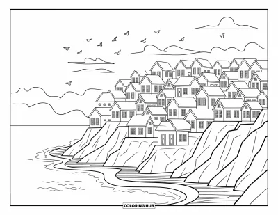 Coloriage de Porto Rico pour adultes : Les maisons superposées de La Perla et les oiseaux en vol donnent vie au littoral de Porto Rico