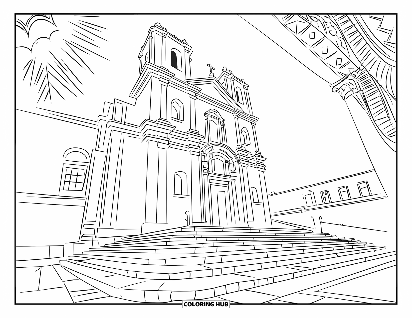 Puerto Rico Coloring Page for Adults: The Cathedral of San Juan Bautista stands tall with stone steps and grand arches