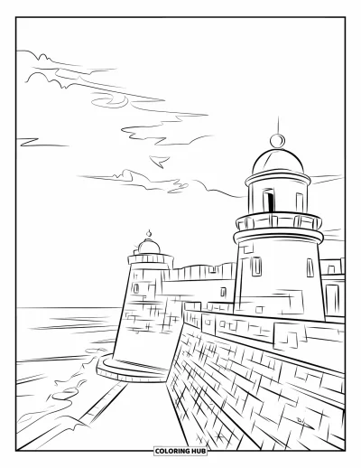 Coloriage de Porto Rico pour adultes : La grande forteresse El Morro domine la mer sous un ciel lumineux