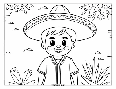 Coloriage de Porto Rico pour enfants : Un enfant souriant en guayabera et chapeau affiche un beau sourire chaleureux