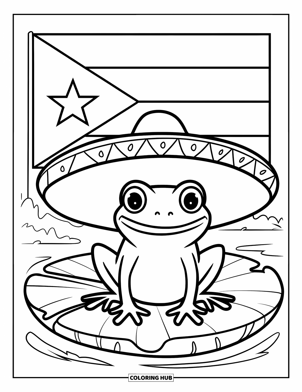 Puerto Rico Coloring Page for Kids: A cheerful coqui frog wearing a hat sits proudly on a lily pad