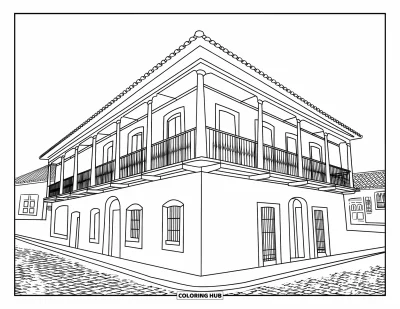 Coloriage de Porto Rico pour enfants : Une maison colorée avec des balcons et des carreaux décore une rue du Vieux San Juan