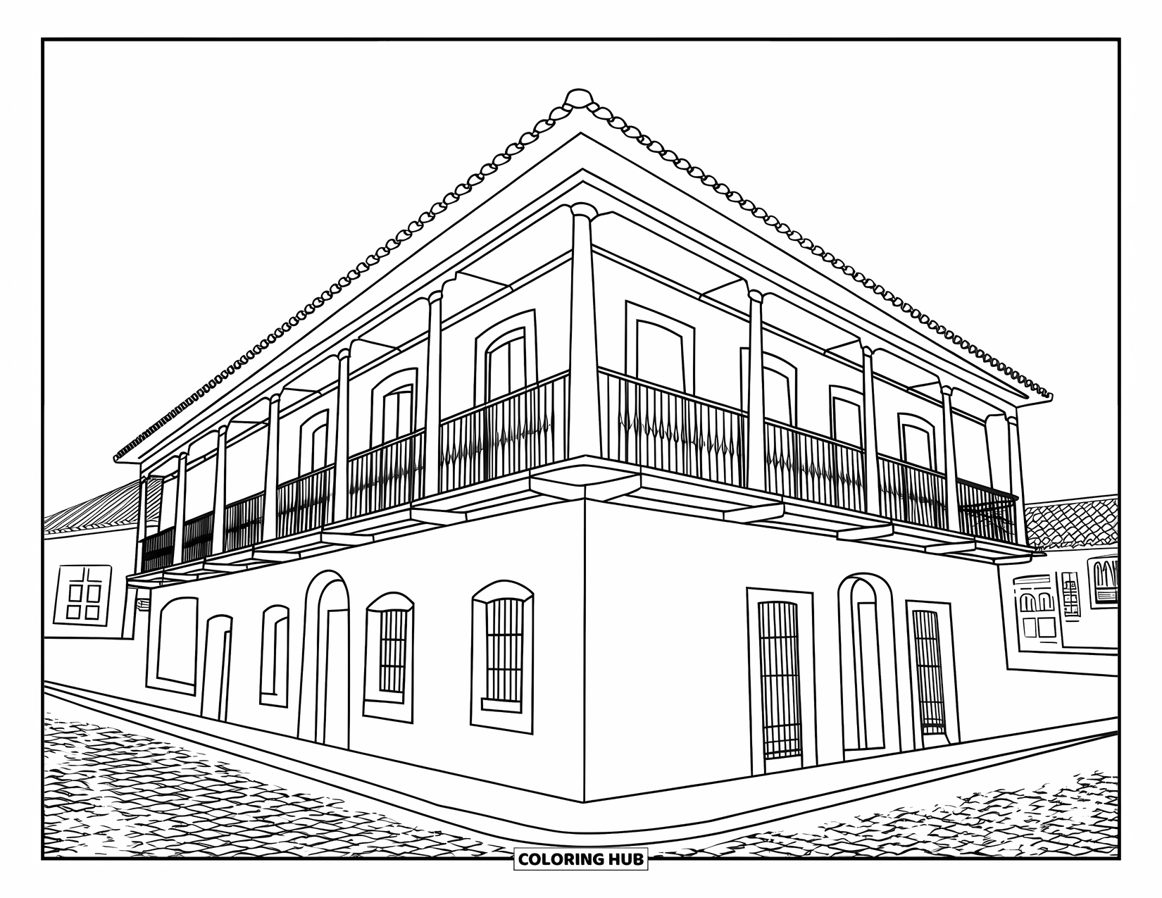 Puerto Rico Coloring Page for Kids: A colorful house with balconies and tiles decorates Old San Juan's street