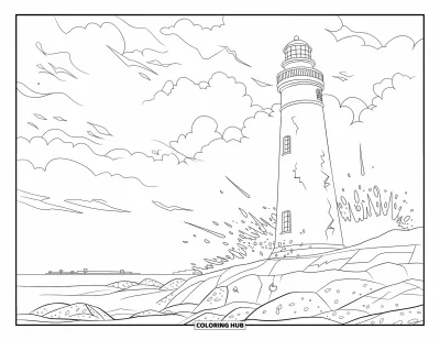 Coloriage de Porto Rico pour enfants : Un phare fissuré résiste aux vagues et au vent durant une tempête tropicale