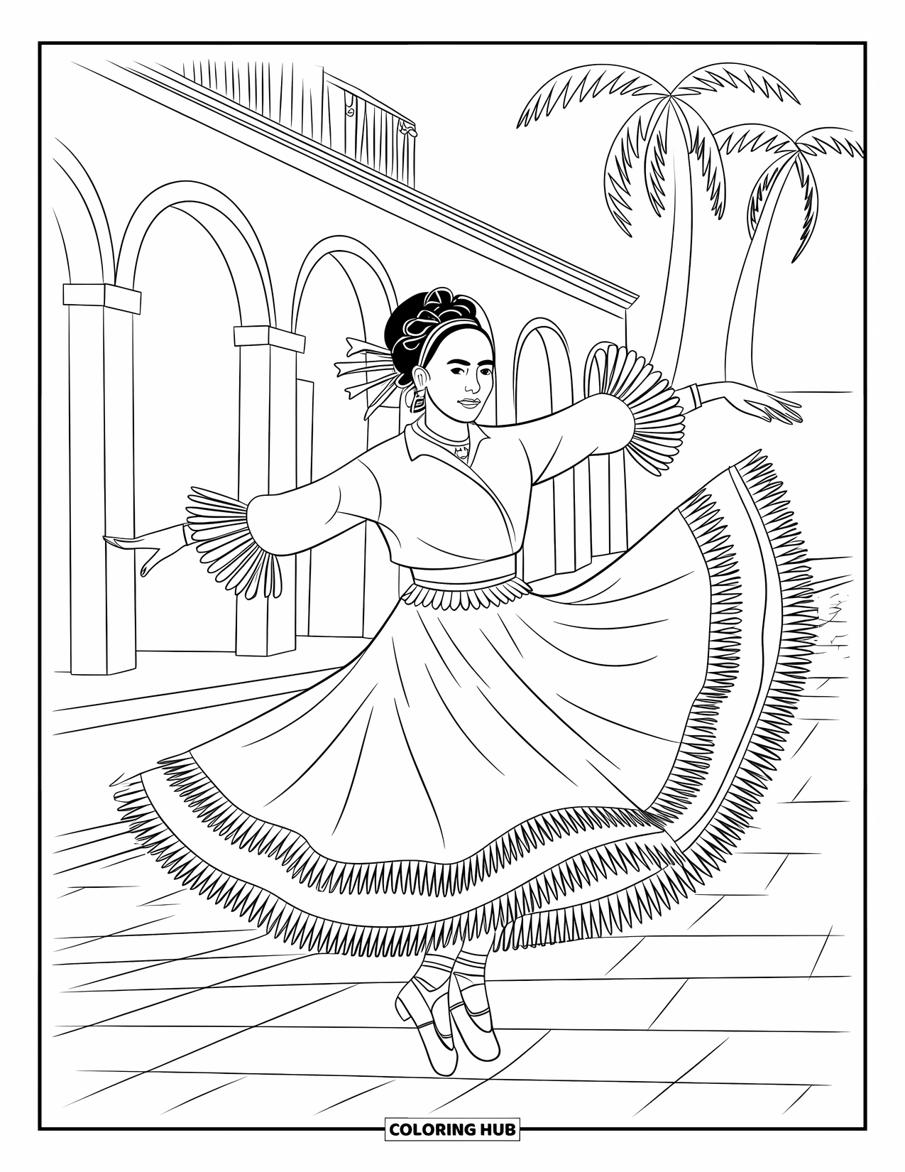 Puerto Rico Coloring Page for Kids: A dancer twirls on a cobblestone street surrounded by arches and palms