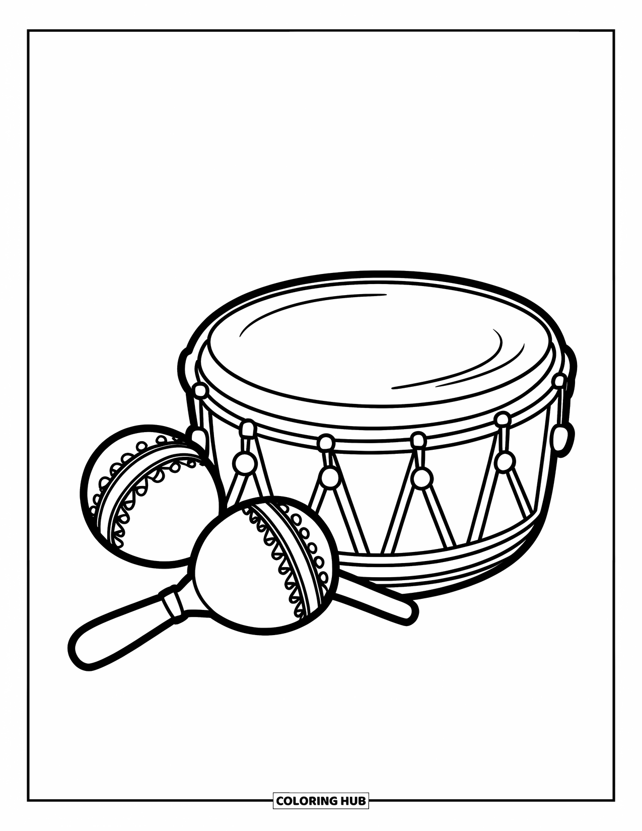 Puerto Rico Coloring Page for Kids: A drum and maracas rest together in a Puerto Rican rhythm