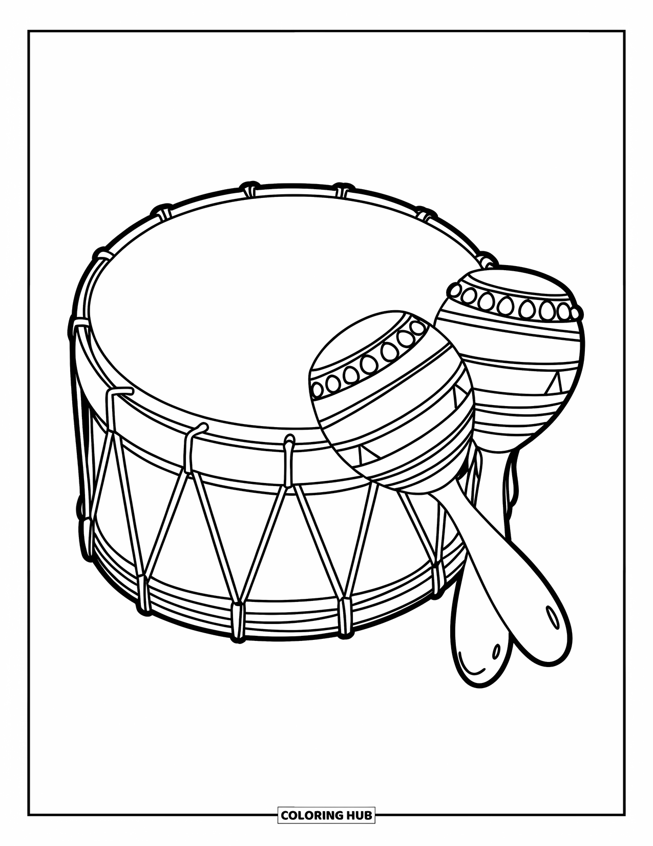 Puerto Rico Coloring Page for Kids: A drum with maracas stands ready for a lively Puerto Rican beat
