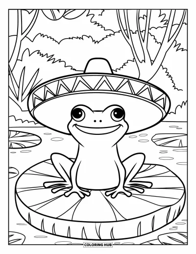 Coloriage de Porto Rico pour enfants : Un joyeux coqui en sombrero se repose dans une forêt luxuriante