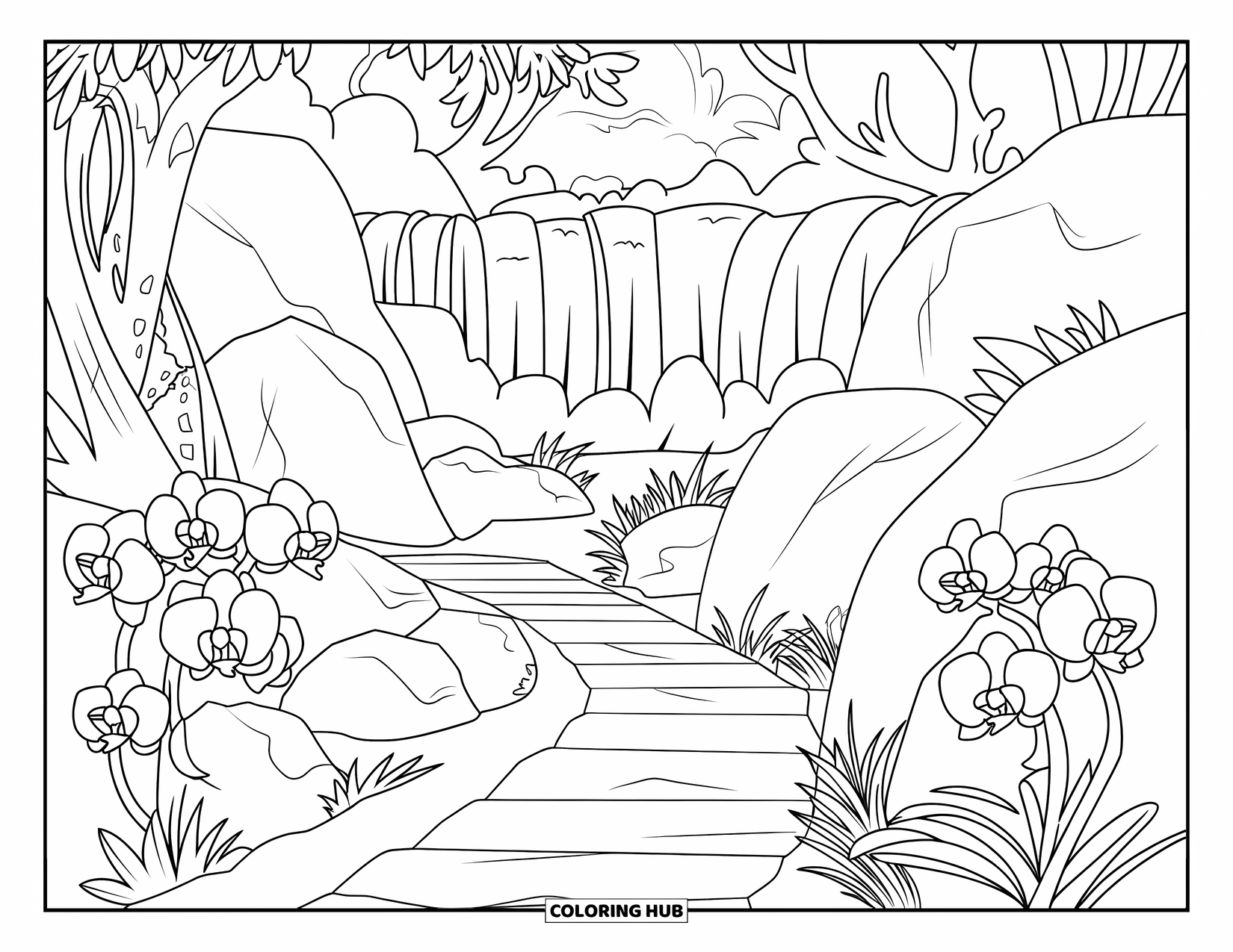 Puerto Rico Coloring Page for Kids: A jungle trail in El Yunque features a bridge, rocks, and cascading water