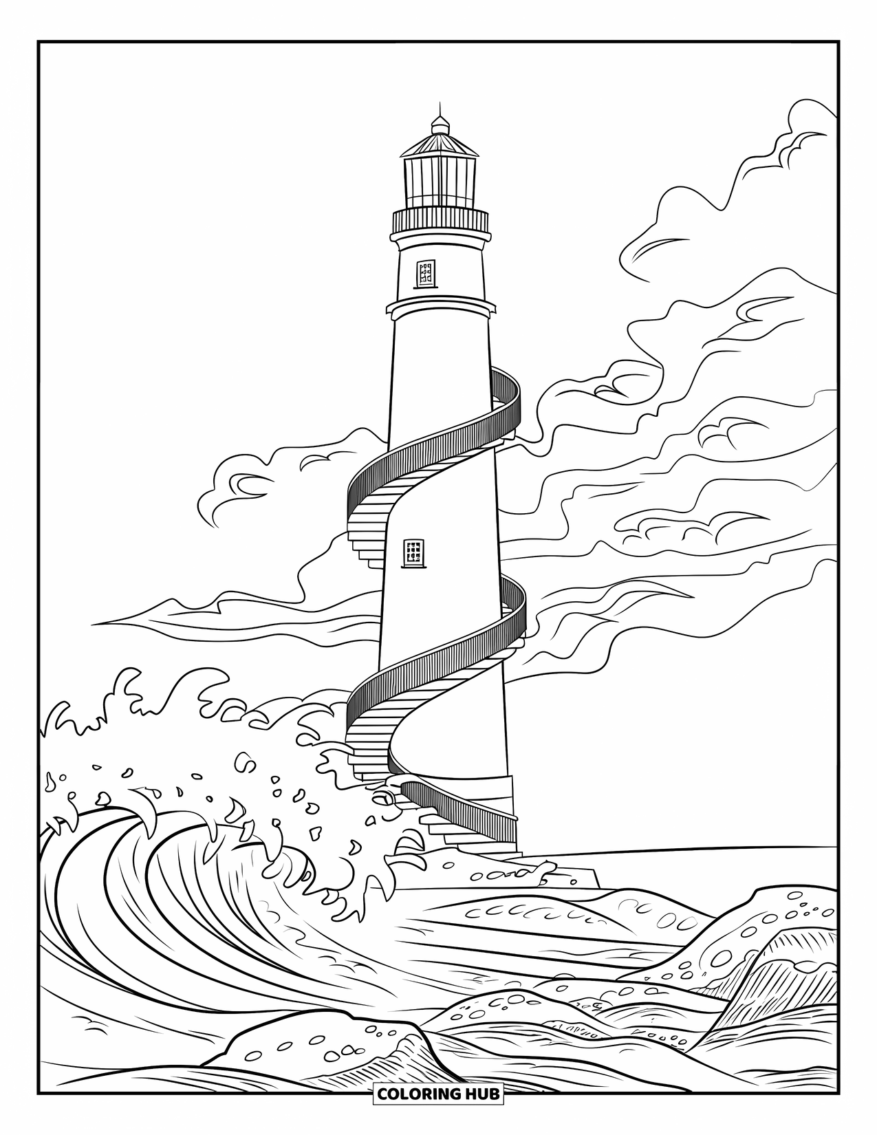 Puerto Rico Coloring Page for Kids: A lighthouse with spiral steps stands against clouds and crashing waves