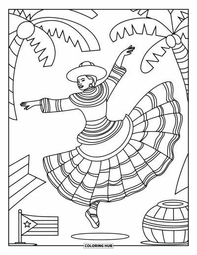 Coloriage de Porto Rico pour enfants : Une danseuse bondissante en pleine pirouette entourée de symboles portoricains