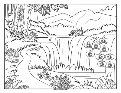 Coloriage de Porto Rico pour enfants : Un sentier verdoyant dans El Yunque serpente près de cascades et d'orchidées en fleurs
