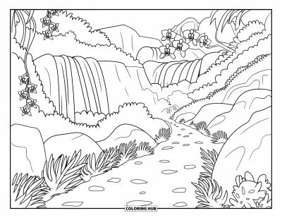 Coloriage de Porto Rico pour enfants : Un chemin paisible dans El Yunque bordé d'orchidées et d'une cascade en montagne
