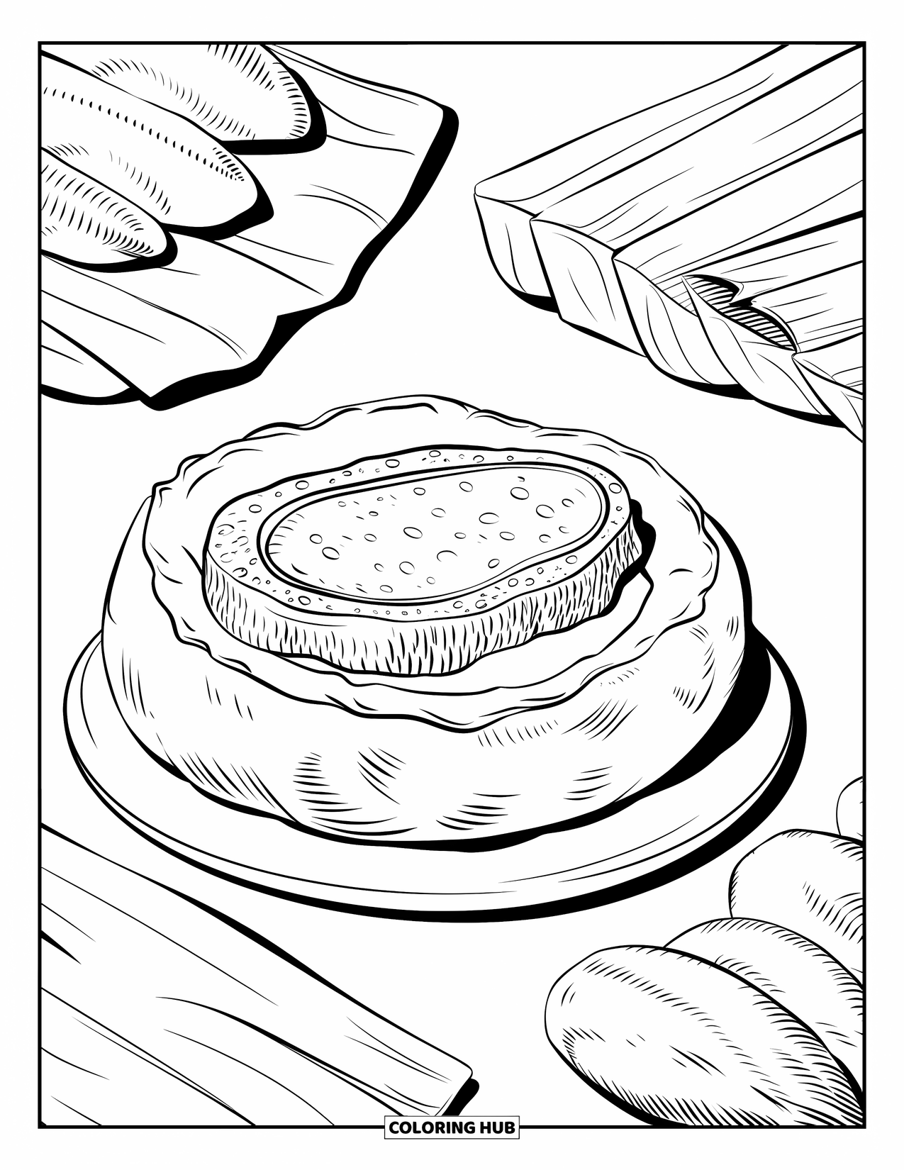 Puerto Rico Coloring Page for Kids: A plate of mofongo and pasteles ready for a Puerto Rican meal
