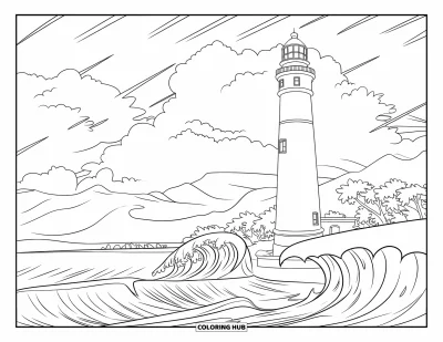 Coloriage de Porto Rico pour enfants : Un phare portoricain face à des vagues déchaînées sous des nuages sombres et orageux