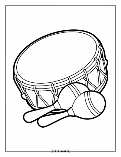 Coloriage de Porto Rico pour enfants : Un tambour rond et deux maracas posés côte à côte