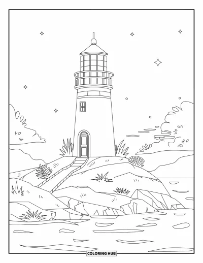 Coloriage de Porto Rico pour enfants : Un phare simple avec des étoiles et des vagues brille au-dessus d'eaux calmes