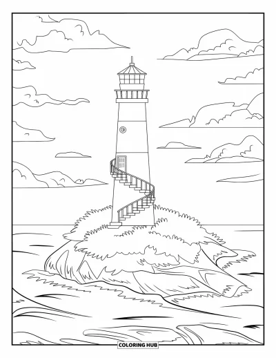 Coloriage de Porto Rico pour enfants : Un petit phare dressé sur un îlot rocheux encerclé par les vagues