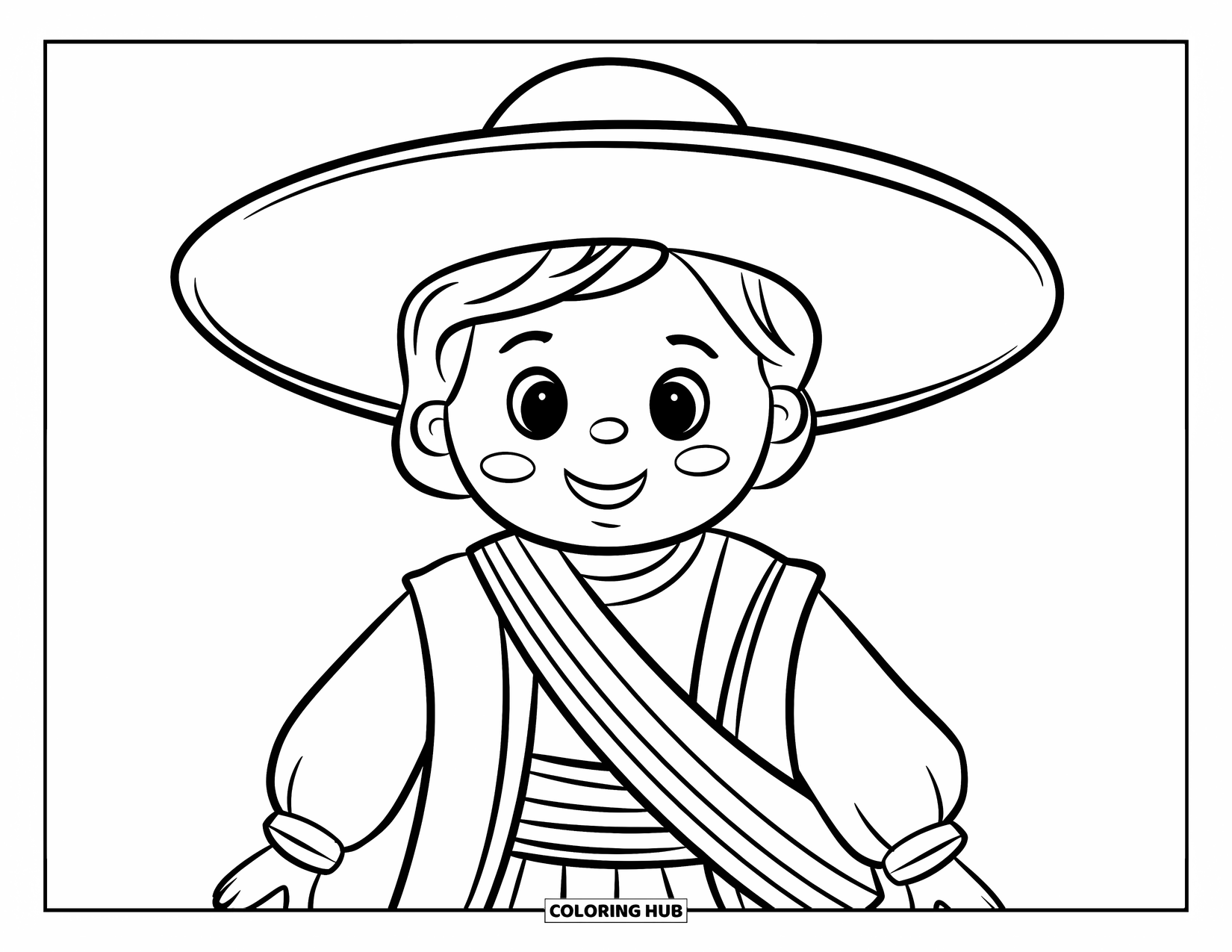 Puerto Rico Coloring Page for Kids: A smiling child wears bright traditional Puerto Rican clothing