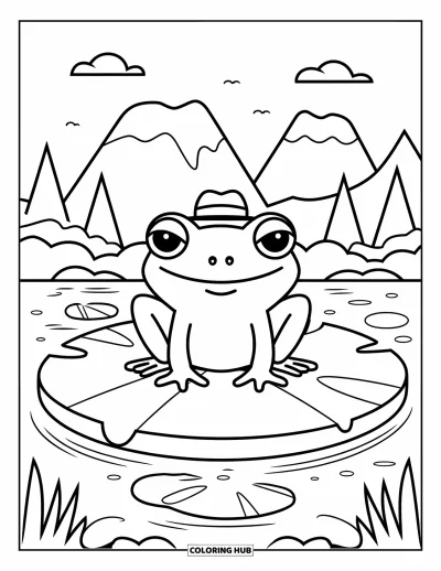 Coloriage de Porto Rico pour enfants : Un coqui souriant sur un nénuphar profite d'une vue sur la montagne