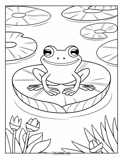 Coloriage de Porto Rico pour enfants : Un coqui souriant assis sur un nénuphar dans un étang paisible